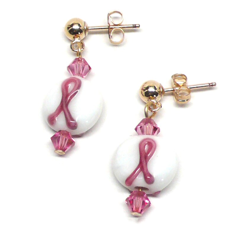 Pink Ribbon Breast Cancer Awareness Post Earrings Lamp Work White or Clear  Glass 14 Kt. Gold-Filled